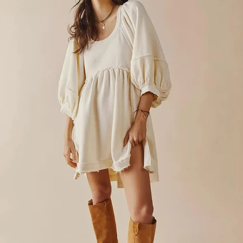 Vista 2 de Naileksi Vestido de sudadera de retazos de gran tamaño para mujer, manga de farol, cuello redondo, hombros caídos, cintura alta, mini vestido casual