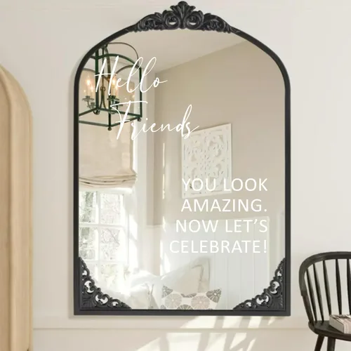 Vista 5 de Aldera Graphics Calcomanía de espejo para selfie para boda, diseño de Hello Friends Now Let's Celebrate - Vinilo negro rectangular para boda
