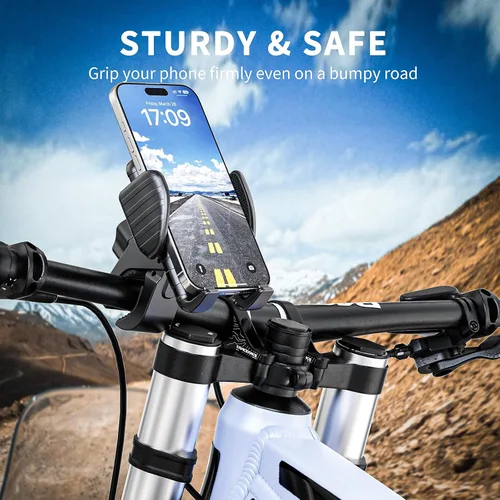 Vista 2 de Soporte de teléfono para motocicleta, manillar de bicicleta, abrazadera para teléfono celular, clip de teléfono para iPhone 16 Pro Max/Plus, 15 Pro