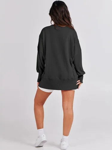 Vista 8 de ANRABESS Sudadera de gran tamaño para mujer, cuello redondo, manga larga, casual, con abertura, sin botones, ropa de otoño