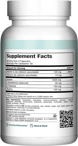 Vista 2 de Maxi Health - Relax to The Max Stress Relief Formula (60 unidades) Cápsulas con vitamina C, calcio, L-teanina, L-taurina y aminoácidos - Todos