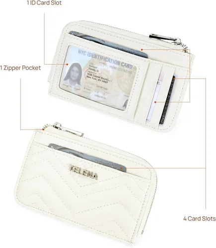 Vista 2 de Telena Cartera delgada para mujer, con bloqueo RFID, tarjetero de cuero con llavero plateado, color beige