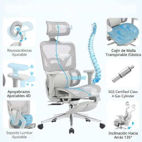Vista 3 de Silla de oficina ergonómica con reposapiés y soporte lumbar Gris