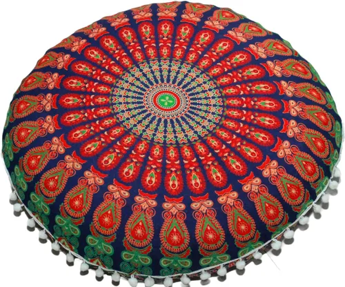 Vista 32 de CRAFT KALA Funda de cojín redonda grande de 32 pulgadas para el suelo bohemio, funda de puf boho, funda de cojín de mandala para meditación, cojines