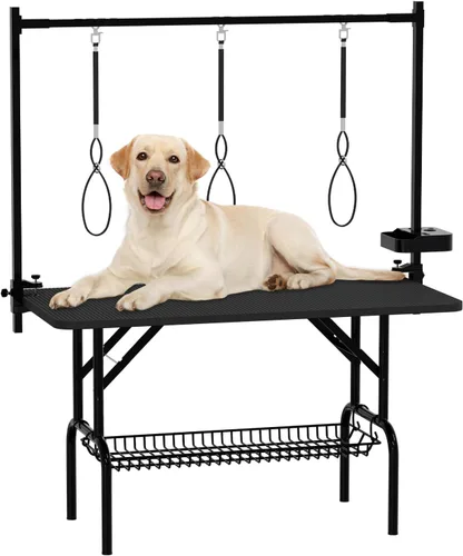 Vista 19 de Mesa profesional de aseo para perros y mascotas, ajustable, resistente, portátil, con brazo y lazo y bandeja de malla (gris, 36 pulgadas)