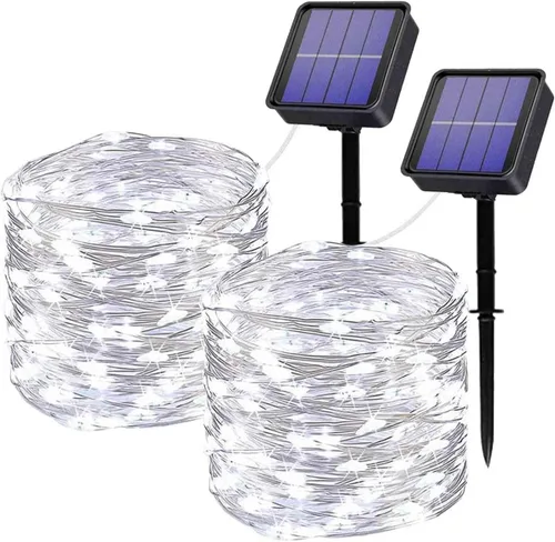 Vista 8 de Paquete de 2 luces de hadas que funcionan con energía solar, 39 pies, 100 luces LED de alambre plateado, impermeables, mini luciérnagas