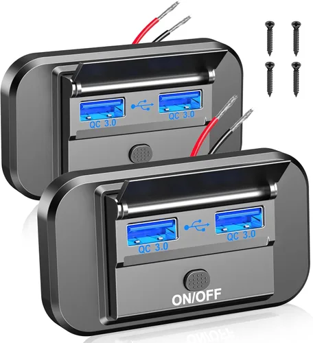 Vista 9 de 72W 12V Panel de salida USB de montaje en pared, cargador de puerto USB de coche de 36W USB C y doble QC 3.0 de 18W con interruptor de botón, salida