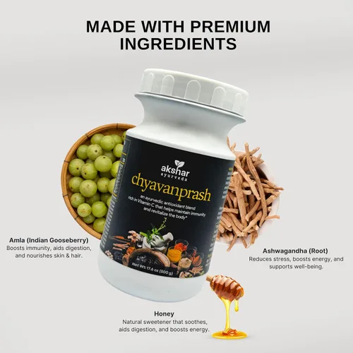 Vista 2 de AKSHAR Ayurveda Chyawanprash orgánico (17.6 oz / 500 g) - Mezcla de hierbas ayurvédicas puras con Ashwagandha orgánica, amla