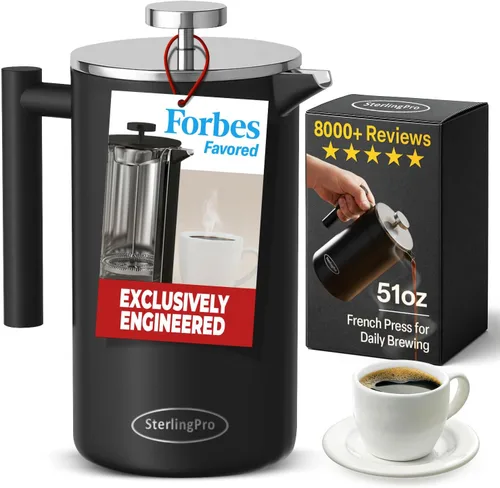 Vista 10 de SterlingPro Cafetera de prensa francesa de acero inoxidable, grande, 1 L (34 onzas), color negro, prensa de café duradera con aislamiento de doble