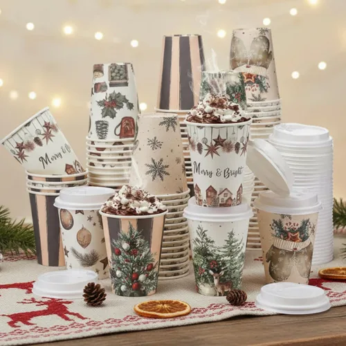 Vista 10 de Gerrii Juego de 100 vasos de papel de Navidad desechables de 12 onzas con tapas, tazas de chocolate caliente, tazas de café, tazas calientes