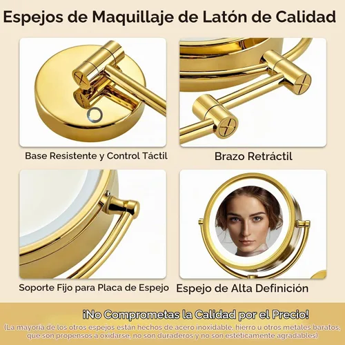 Vista 5 de GURUN - Espejo de maquillaje con aumento enchufable, montaje en pared, doble cara, dorado, 10x