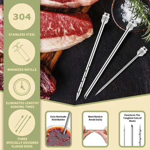Vista 5 de Jeringa Inyectora de Carne de 2 Onzas Barril de Sabor de Adobo Acero Inoxidable 304 con 3 Agujas de Adobo, Estuche de Viaje para Parrilla BBQ