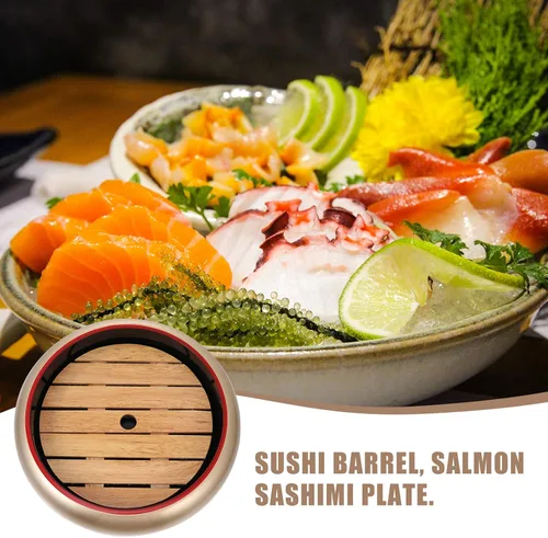 Vista 7 de Kichvoe Plato de sashimi japonés de 10.62 pulgadas redondo con tabla de madera para servir en el hogar y presentación de alimentos