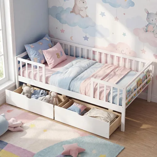 Vista 10 de KOMFOTT Base de cama individual de madera con rieles de valla y 2 cajones extraíbles, marco de cama individual para niños con estante lateral,