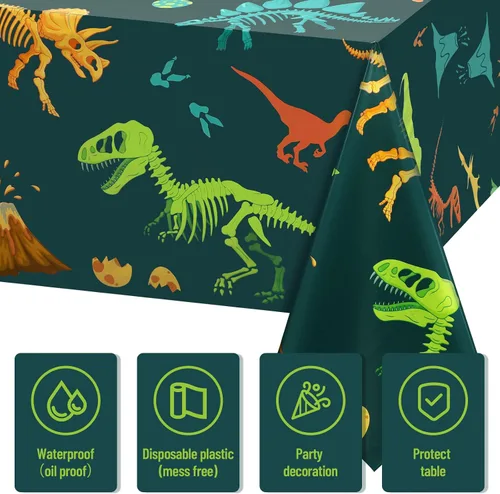 Vista 4 de Tudomro 1 mantel de plástico de dinosaurio para fiesta, decoración de mesa de cumpleaños de dinosaurio, funda de mesa desechable para suministros