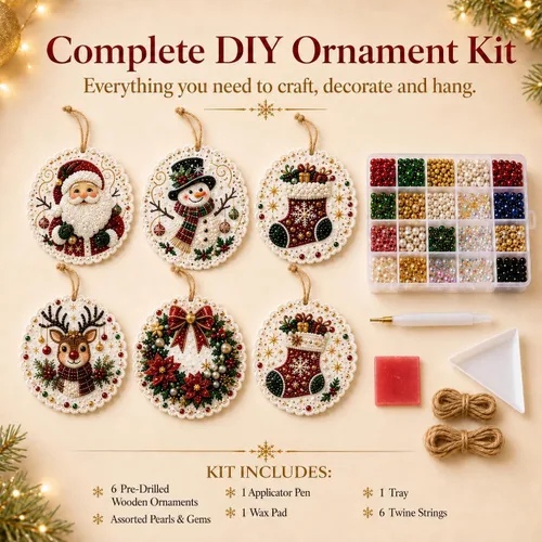 Vista 4 de GOJXDNE 6 adornos de arte de diamantes de Navidad, kit de manualidades de Bases de madera preperforadas con perlas en forma de gemas de resina
