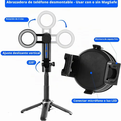 Vista 7 de Mini palo selfie magnético para iPhone y Android, con control remoto Negro