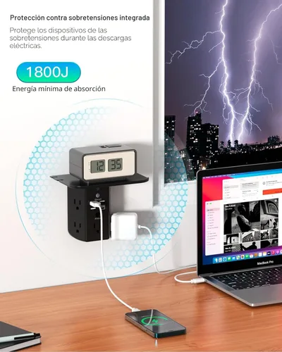 Vista 5 de Extensor de toma de pared con estante y luz nocturna, protector de sobretensiones, cargador de pared USB con 5 salidas USB y 3 puertos USB, 1 salida