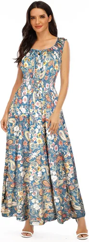 Vista 3 de Vestido largo sin mangas para mujer, holgado, estampado y bohemio, vestido de verano para invitadas de boda