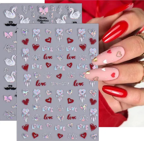 Vista 4 de 8 hojas de calcomanías de arte de uñas para el día de San Valentín, autoadhesivas, 3D, color plateado, rosa, rojo, labios, letras de corazón, diseño