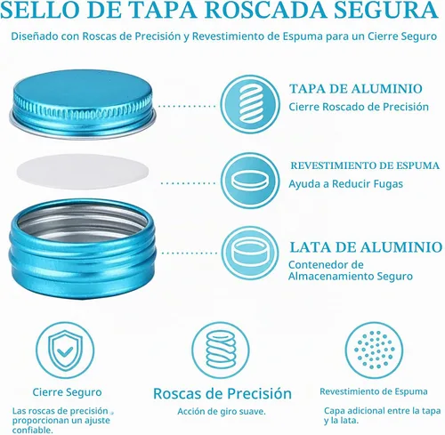 Vista 3 de 0.5 oz (15ml) Aqua Blue Screw Top Aluminum Tins with Labels, 32 Pack