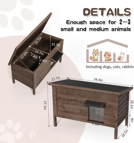 Vista 3 de Casa para gatos al aire libre, refugio para gatos totalmente aislado exterior de madera para múltiples gatos, condominios callejeros, granero, gato