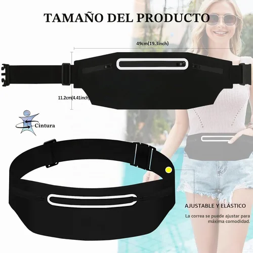 Vista 6 de Riñoneras para mujeres, riñonera impermeable para hombres, cinturón ajustable para correr, riñonera de bolsillo delgado expandible, bolsa