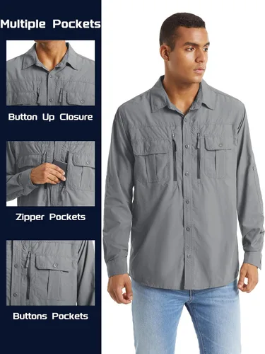 Vista 6 de TACVASEN Camisa de pesca para hombre, camisa de manga larga de secado rápido, camisa táctica con botones, camisa de trabajo ligera safari