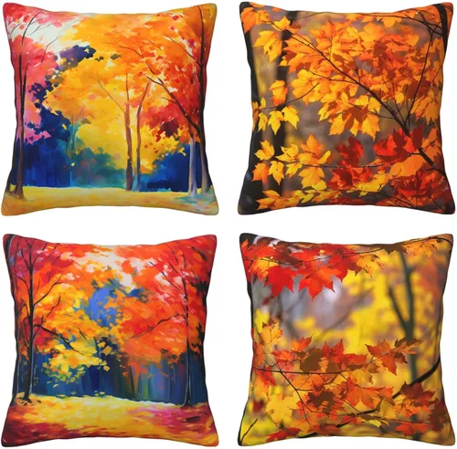 Vista 12 de Ouqiuwa Juego de 4 fundas de almohada coloridas con diseño de pájaros de 12 x 12 pulgadas, cuadradas, decorativas, con hojas de arce otoñales