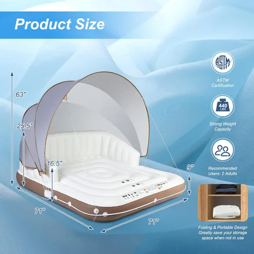 Vista 7 de Goplus Isla de toldo inflable, flotador de piscina de bronceado de 73 pulgadas con toldo retráctil y extraíble, SPF50+, 3 almohadas cómodas, carga
