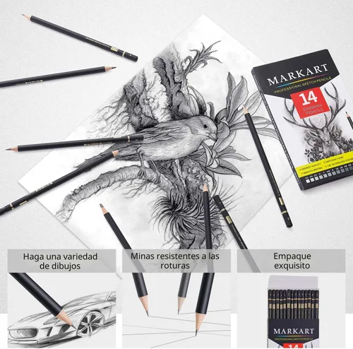 Vista 4 de MARKART Juego de lápices de dibujo profesional – 14 lápices de grafito de dibujo artístico (12B - 4H), ideal para dibujar arte, dibujar, sombrear