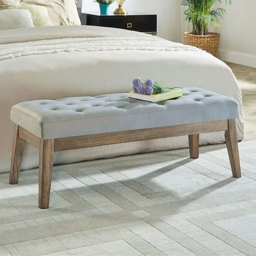 Vista 18 de 24KF Banco de entrada tapizado con botones capitoné de terciopelo con pata de madera maciza, banco de cama otomano con asiento acolchado, 5061N-Negro