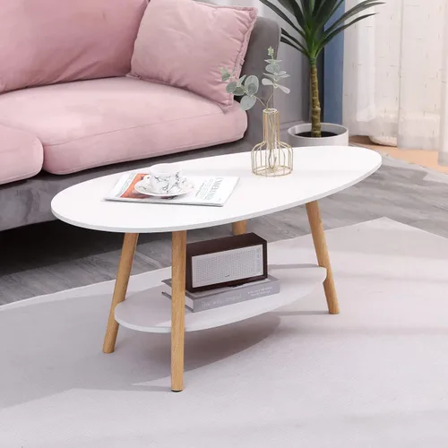 Vista 5 de Mesa de centro ovalada de madera de estilo moderno, doble capa con almacenamiento abierto para almacenamiento y exhibición, 2 niveles