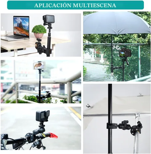 Vista 6 de Abrazadera para silla con doble abrazadera para cámara with 360° Magic Arm Double Ball Head Adapter for Umbrella, Wheelchair, Pole, Strollers