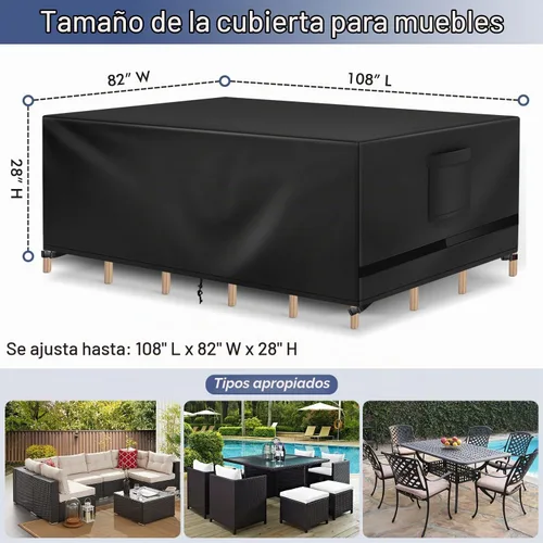 Vista 2 de Richwon Funda para Muebles de Patio, Funda Impermeable Rectangular para Mesa de Exterior, Protección Resistente para Conjunto Seccional 108"L x 82"W