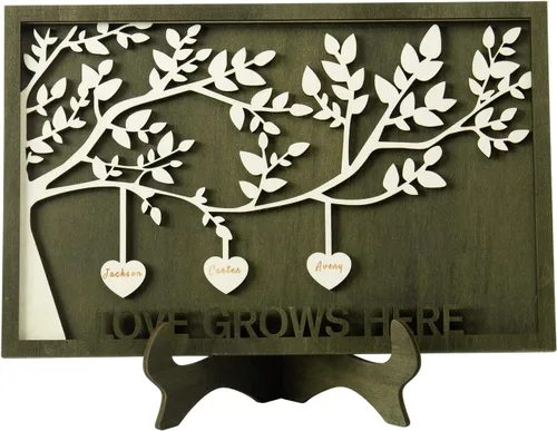 Vista 19 de Árbol genealógico con etiqueta de corazón, placas de madera grabadas personalizadas, regalos personalizados para madres, padres, escritorio, nombres