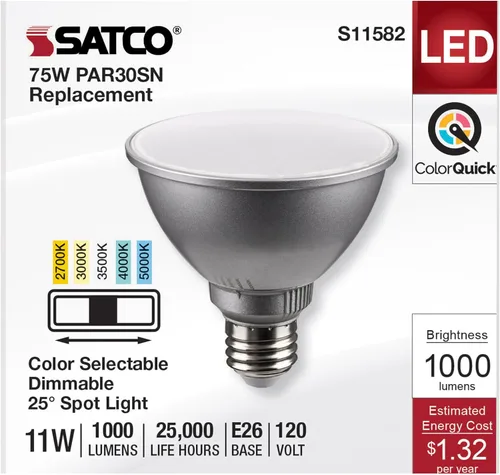 Vista 3 de Satco S11582; LED PAR30SN de 11 vatios; base media; acabado plateado; CCT seleccionable; 120 voltios; ángulo de haz de 25 grados