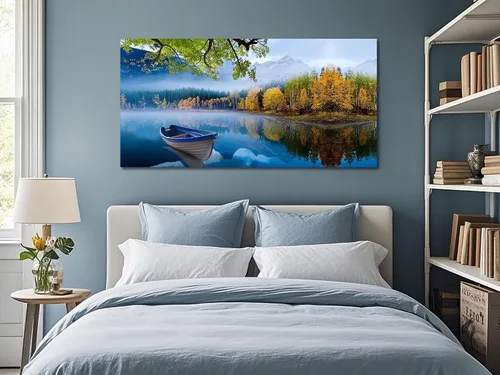 Vista 3 de Arjun Lienzo decorativo para pared, diseño de lago y montaña, cielo, naturaleza, paisaje, barco, ilustración, pintura escénica moderna, enmarcada