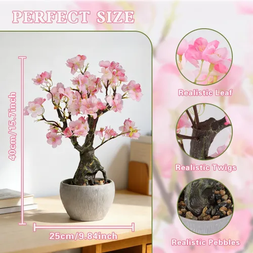 Vista 6 de KAIRNE Maceta floral de cerezo rosa artificial, 15.7 pulgadas de alto, plantas falsas de bonsái, plantas de imitación de flores, ramas decorativas