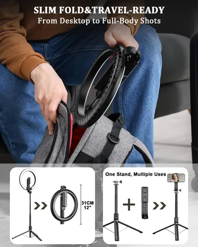 Vista 4 de Kit de vlogging para iPhone/Android, anillo de luz de 10 pulgadas con soporte, trípode de 74 pulgadas para iPhone con luz, micrófono, kit de inicio
