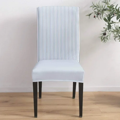 Vista 4 de Juego de 4 fundas elásticas para sillas de comedor, color azul claro y blanco, extraíbles para sillas de cocina, suaves y lavables, protector
