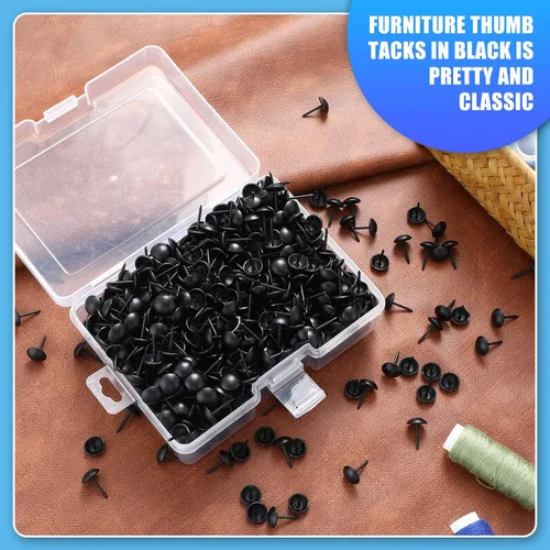 Vista 2 de Outus 200 tachuelas de tapicería negras de 7/16 pulgadas, tachuelas decorativas para muebles, pasadores de pulgar, clavos de tapicería con caja