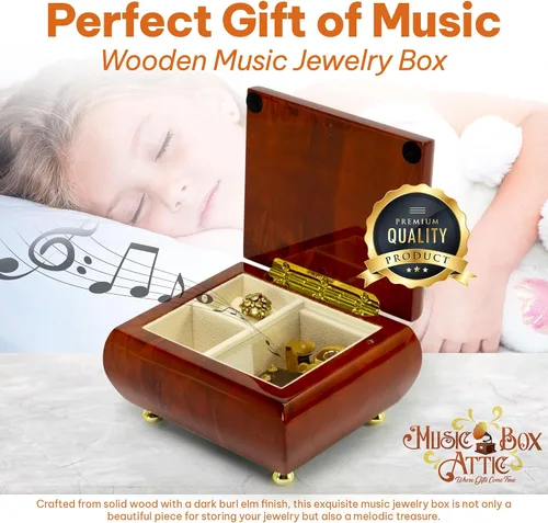 Vista 2 de MusicBoxAttic Joyero de madera con música, sencillez, estilo y sofisticación melódica en caoba maciza, organizador de joyas vintage con reproducción
