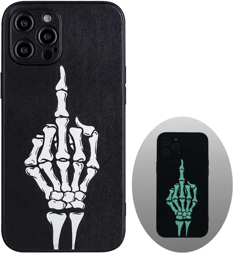 Vista 10 de X spirit Funda genial para iPhone 11, diseño de esqueleto de calavera, estilo gótico atrevido emo luminoso, dedo medio, rock n roll, se ilumina