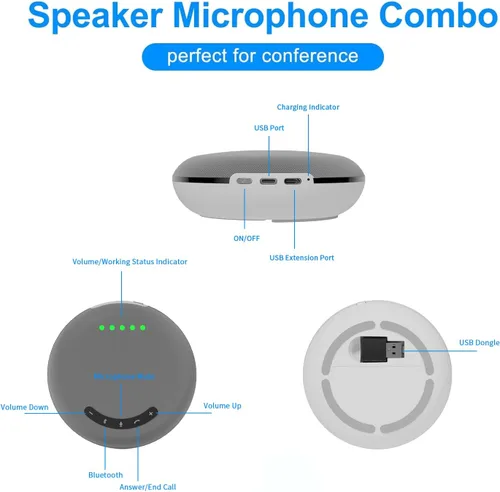 Vista 2 de TIBURN PowerConf - Altavoz de conferencia, color gris, portátil, HQ, con micrófono, altavoz Bluetooth, 360, captación de voz 5.0, altavoz Bluetooth