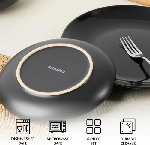 Vista 6 de MIAMIO Juego de 6 platos y platos de cerámica de cerámica – Colección Le Papillon (negro, 8 pulgadas)