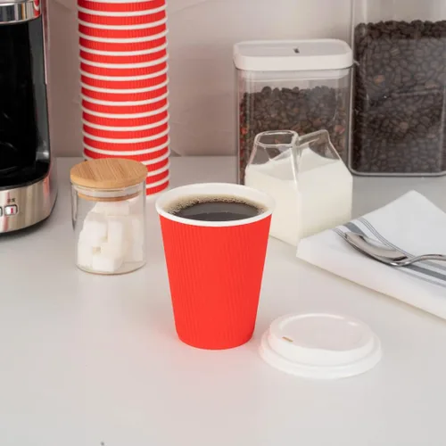 Vista 7 de Tazas para café de papel aislado, pared ondulada, kraft, 12 onzas - Caja de 25 unidades - tapas a juego: RWA0360B, RWA0360W, RWA0328LG, RWA0328GR