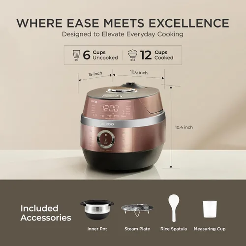Vista 3 de CUCKOO Arrocera de alta presión de 6 tazas (sin cocinar) / 12 tazas (cocidas) con tecnología de calentamiento por inducción, arrocera versátil
