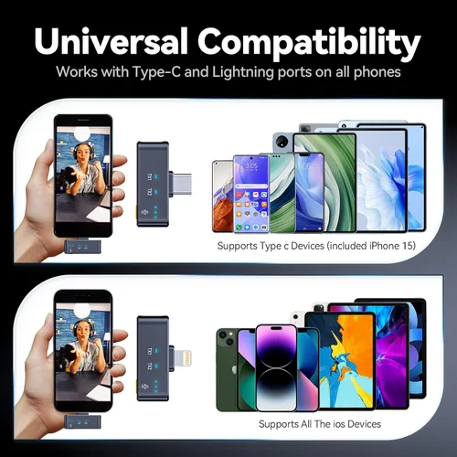 Vista 4 de Micrófono Lavalier inalámbrico para iPhone/Android, rango de 200 pies, mini micrófono con cancelación de ruido, 25 horas de duración de la batería