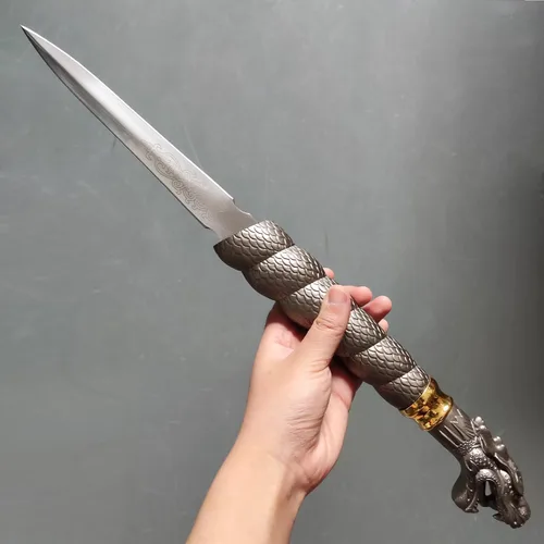Vista 5 de Espada de dragón doble de acero inoxidable con soporte de exhibición para cosplay, colección 18.9 pulgadas